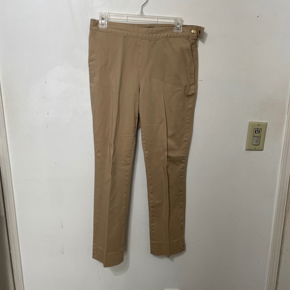 Lauren Ralph Lauren Tan Khaki Side Zip Slim Leg Chino Pants Gold Button Size 6